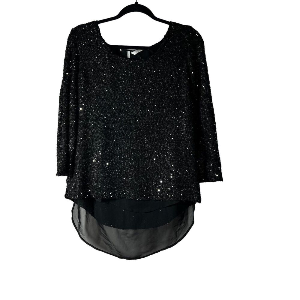 Studio Y Women's Sweater Sequin Size Medium V-Neck Black Knit Long Sleeve Fairy